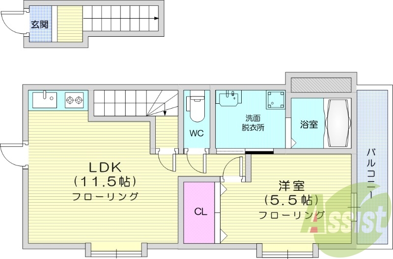 1LDK、エアコン2基、インターネット無料、追い焚き機能