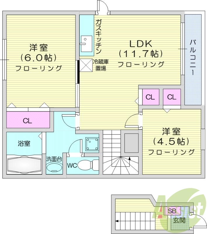 2DK、エアコン、バストイレ別、モニター付きインターホン