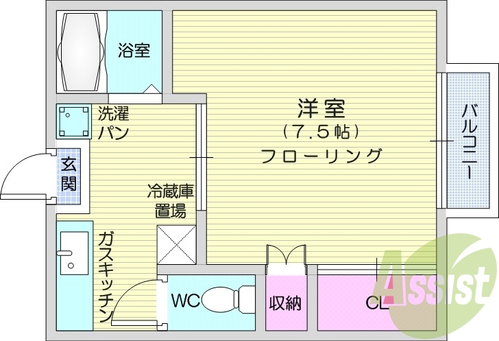 1K、給湯、フローリング、エアコン