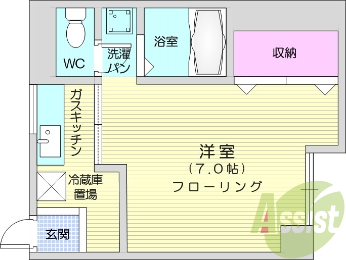 １K、エアコン、ガスコンロ設置可、バストイレ別。