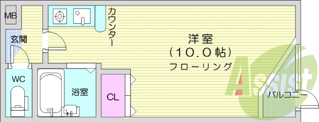 ワンルーム、バストイレ別、カウンターキッチン、バルコニー