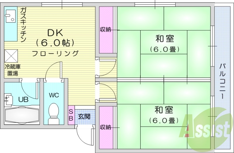 2DK、追い焚き機能、都市ガス、収納スペース