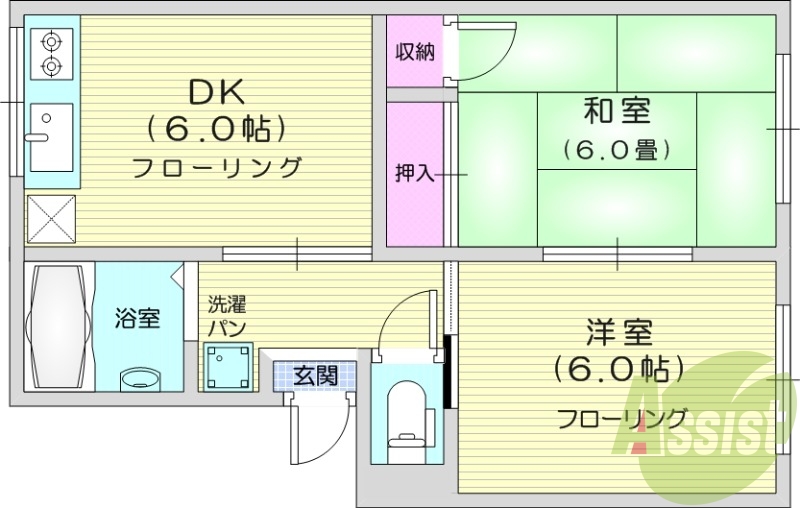 2DK、エアコン、室内洗濯機置場、トイレ浴室別、収納