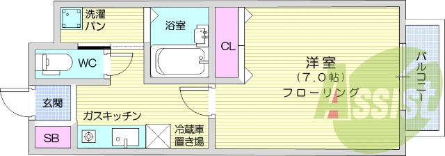 1Ｋ、バス・トイレ別、ウォシュレット、室内洗濯機置き場。