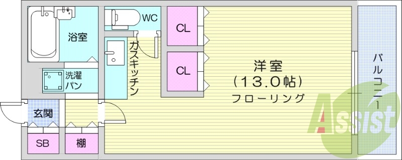 1R、エアコン、室内洗濯機置場、クローゼット