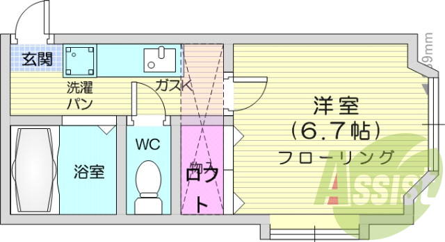 1K、ロフト付き、南向き、フローリング。