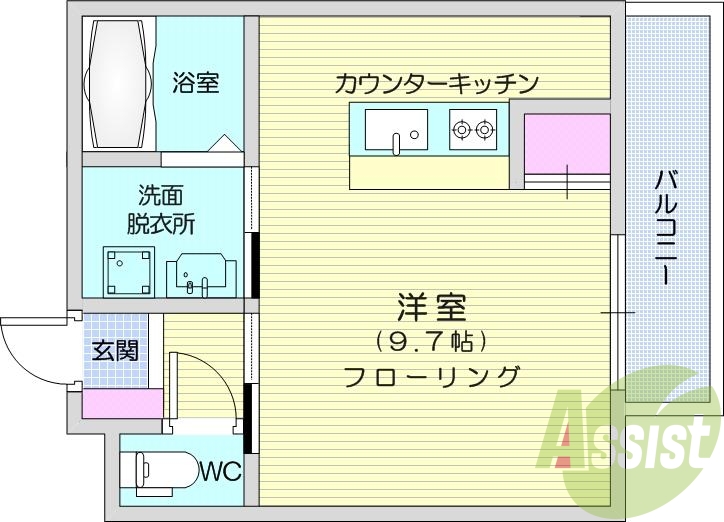 1R、エアコン、独立洗面台、バルコニー、給湯