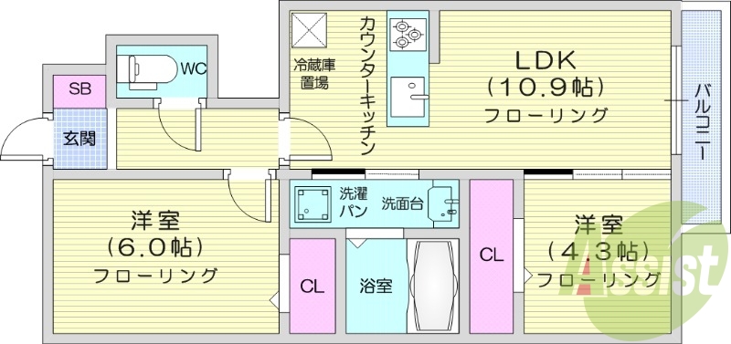 2LDK、浴室乾燥、宅配ボックス、ネット使用料不要