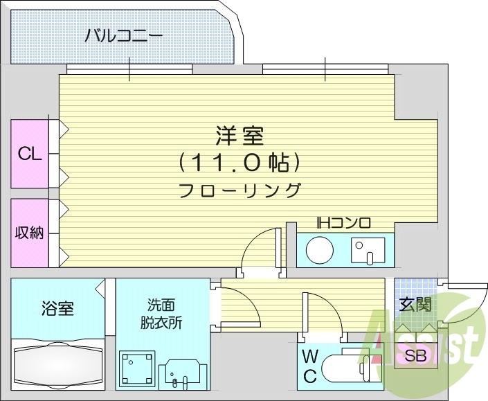 1R、オートロック、エレベーター、都市ガス、エアコン