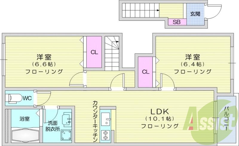 2LDK、エアコン、カウンターキッチン、カメラ付インターホン