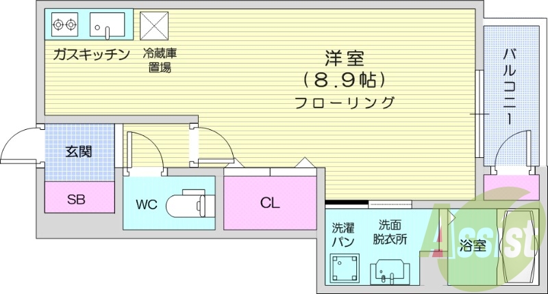 1R、バストイレ別、追い炊き機能付き、ペット可