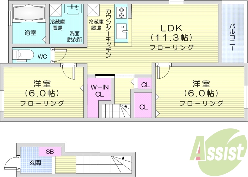 2LDK、全フローリング、浴室乾燥機、モニター付インターホン
