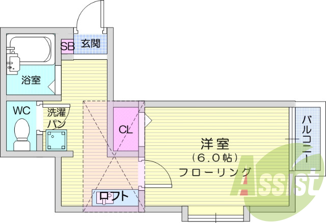 1K、ロフト付き、バストイレ別、モニターホン