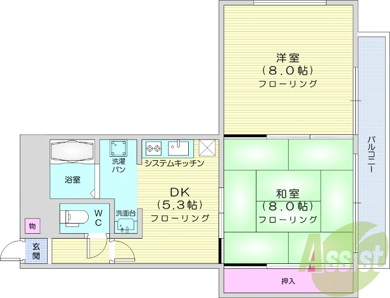 2DK、2口コンロ、洗面台独立、オートロック