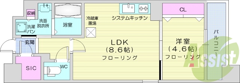 1LDK、浴室乾燥付き、追い焚き機能付き、都市ガス