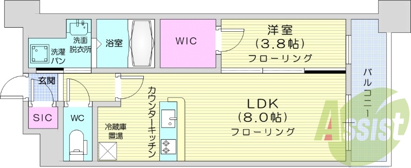 1LDK、浴室乾燥付き、追い焚き機能付き、都市ガス