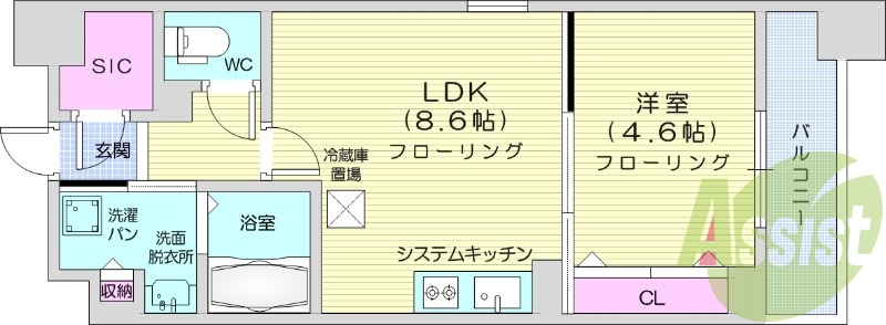1LDK、浴室乾燥付き、追い焚き機能付き、都市ガス