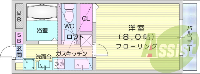 １K、B・T別、プロパンガス、エアコン、ロフト