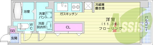 １Ｒ、フローリング、システムキッチン、シャンプードレッサー