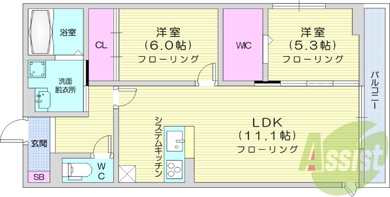 2LDK、カウンターキッチン、温水洗浄便座。