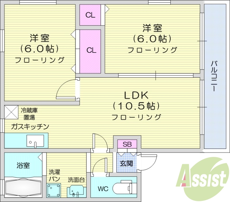 2LDK、バストイレ別、陽当たり良好、室内洗濯置場