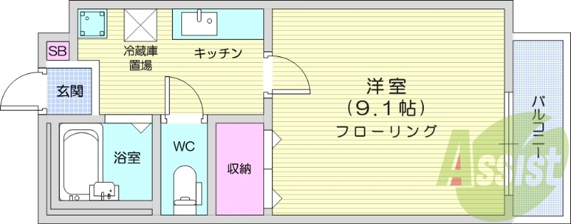 1K、都市ガス、モニター付きインターホン、エアコン