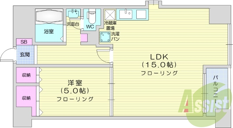 1LDK、都市ガス、バストイレ別、洗面台独立