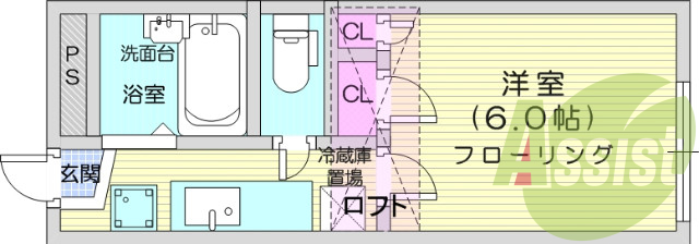 1K、ロフト、ウォシュレット付きトイレ、エアコン