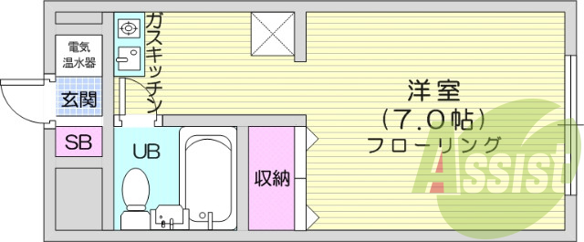 エアコン、オール電化、オートロック、1K、南向き