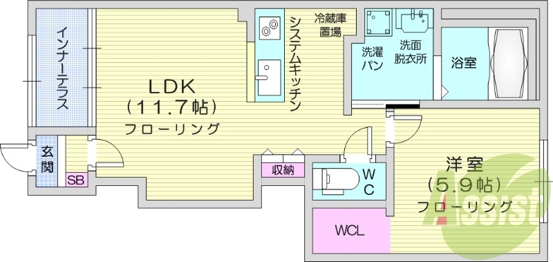 1LDK、エアコン、モニター付きインターホン