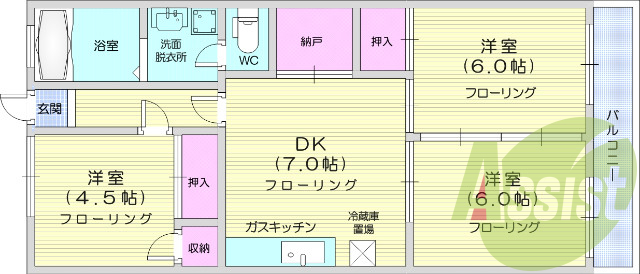 3DK、エアコン、独立洗面台、お風呂トイレ別