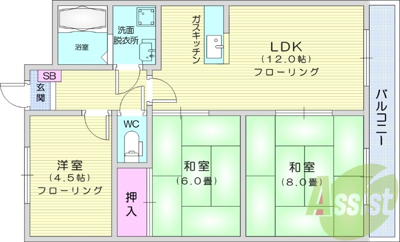 3LDK、都市ガス、和室、バストイレ別、バルコニー、給湯