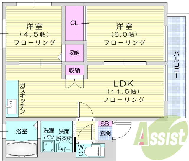 2LDK、温水洗浄便座、独立洗面台、エアコン