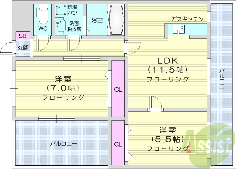 2LDK、ペット相談、バルコニー、エアコン。