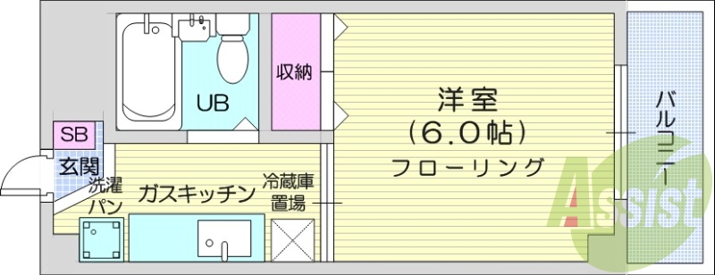 1K、バルコニー、収納、バストイレ同室、ガスキッチン