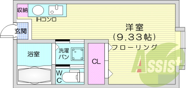 １R、バス・トイレ別、エアコン、クローゼット、バルコニー
