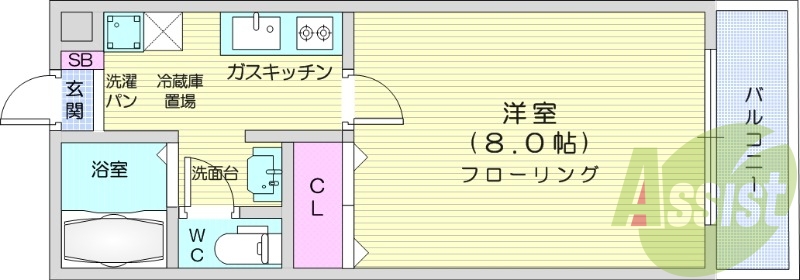 1Kのお部屋です!独立洗面台が付いていますので嬉しいですね!