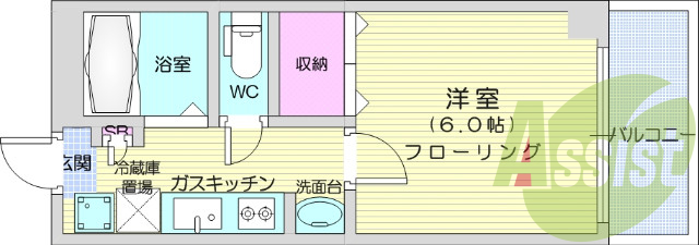 1K、バストイレ別、独立洗面台、システムキッチン