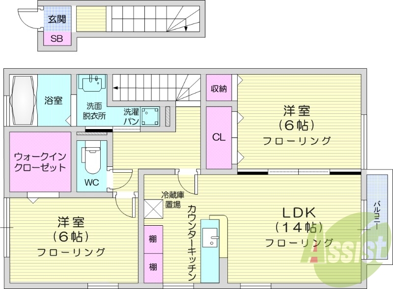 2LDK、南向き、2階、TV付きモニター、物置、バストイレ別