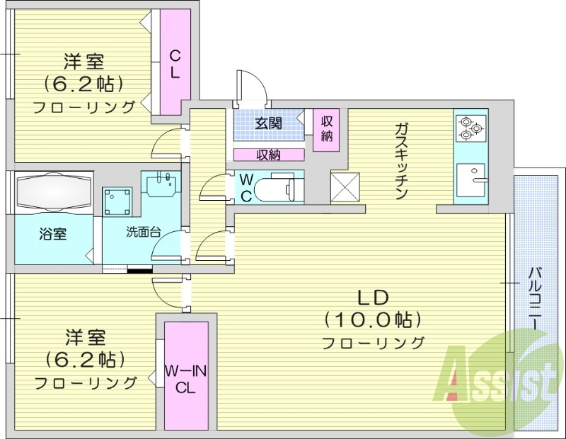 2LDK、インターネット無料、都市ガス仕様