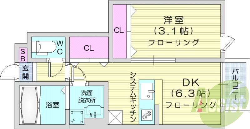 1DK、バルコニー、浴室乾燥機、追い焚き給湯
