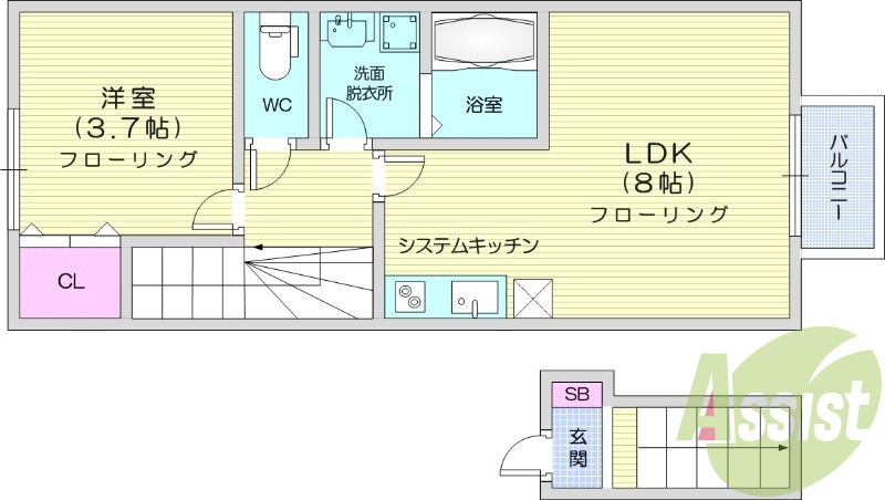 1LDK、インターネット使用料無料、エアコン2台