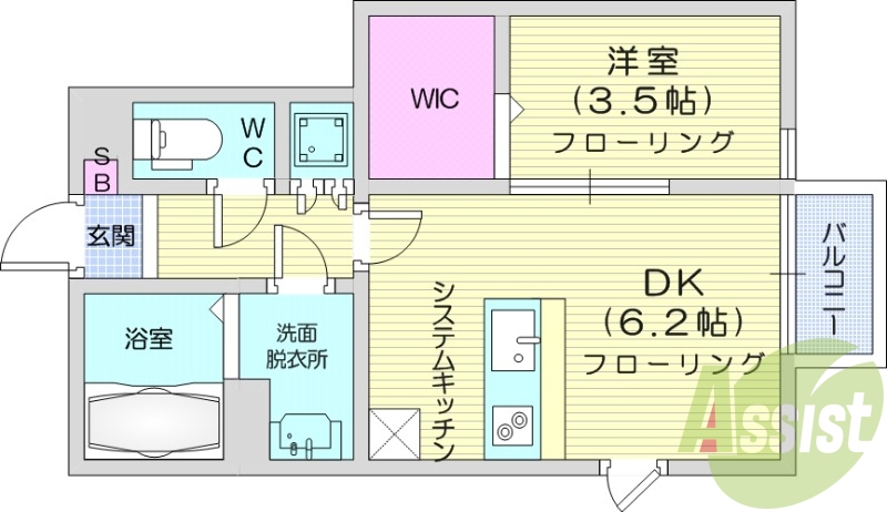 1DK、バルコニー、浴室乾燥機、独立洗面台