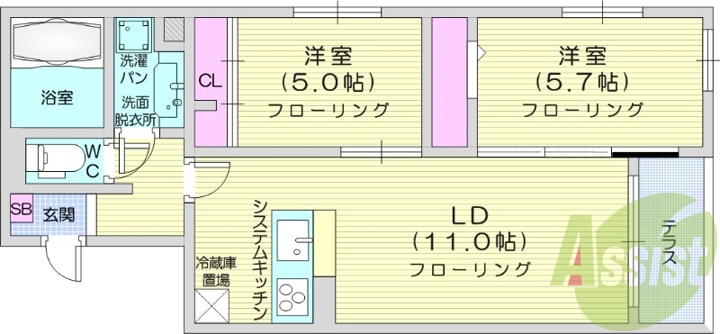 2LDK、オートロック、浴室乾燥機、エアコン