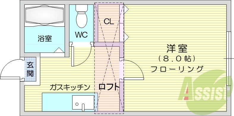 1k、ロフト付き、角部屋、給湯、エアコン、バス・トイレ別