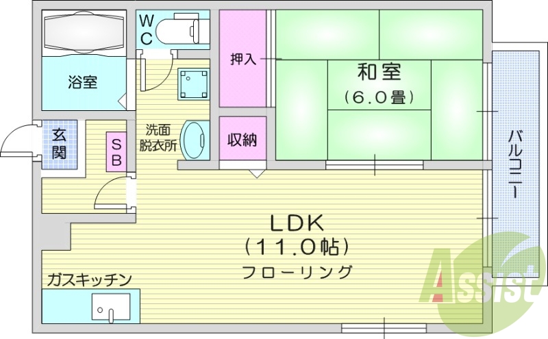 1LDK、バルコニー、和室、ガスキッチン、ネット無料
