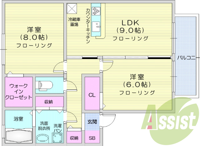 2DK、バルコニー、ウォークインクローゼット