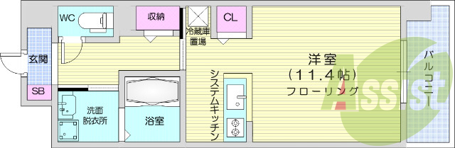 1R、エアコン、バストイレ別、洗面所独立、バルコニー
