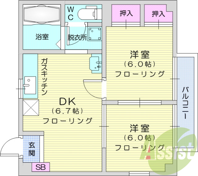 2DK、角部屋、追い焚き機能、押入、二人入居可、南向き