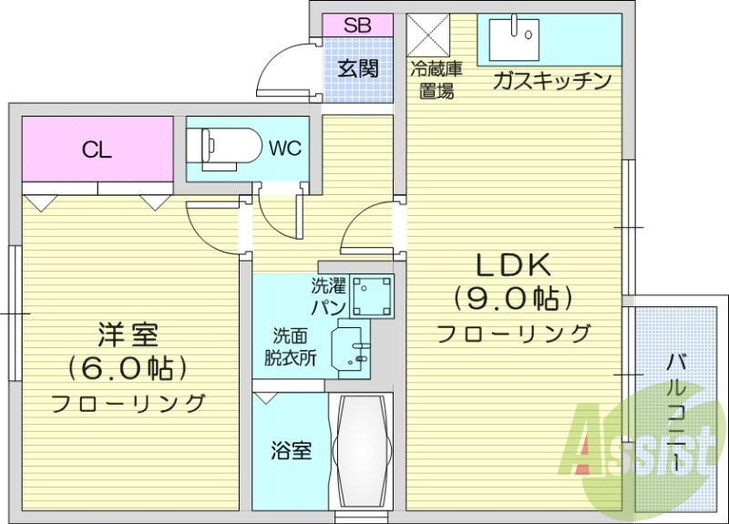 1LDK、モニター付きインターホン、バストイレ別